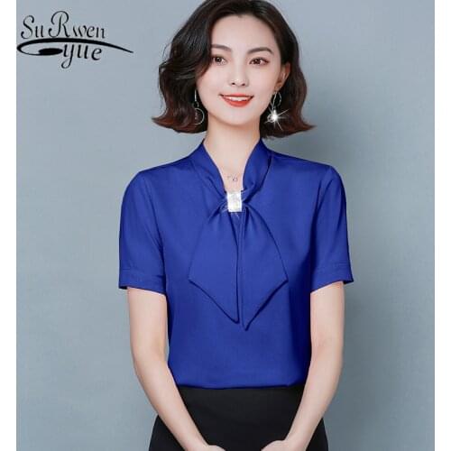 2021 Summer New WOMEN BLOUSES Solid Color Bow Tie 4XL Bright Diamond Lace Up Satin Chiffon Shirt Slim BLUSAS 8844 50