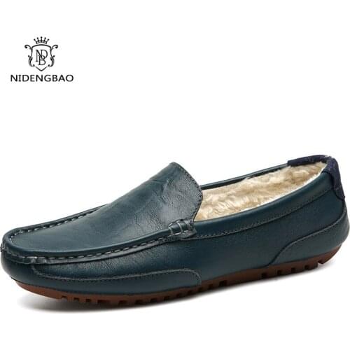 Big Size 45 46 Cow Leather Loafers Shoes Men With fur Slip-on Casual Shoes Male Plus Velvet Warm Peas Lazy Male Driving Shoes