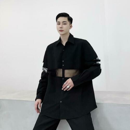 F: Mens Fashion Design Long Sleeve Loose See-through Shirt Youth Casual Party Tops