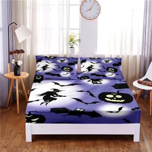 Halloween Digital Printed 3pc Polyester Fitted Sheet Mattress Cover Four Corners with Elastic Band Bed Sheet Pillowcases