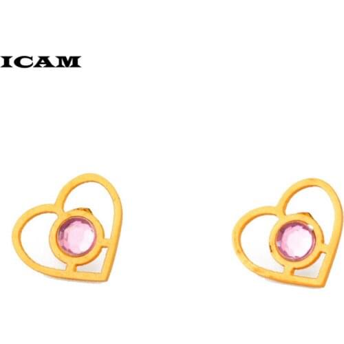 ICAM New Design Metal Gold Love Heart e Geometric Pink Crystal Stainless Steel Stud Earrings for Women