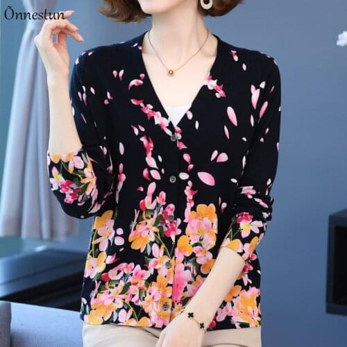 Print Female Cardigan Autumn Spring Knitted Sweaters Women Korean Style Long Sleeve Tops V Neck Cardigans Women