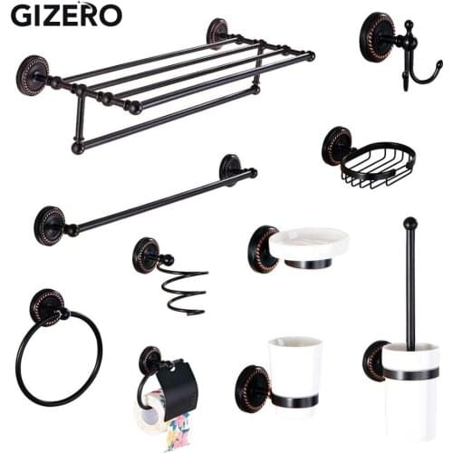 GIZERO Bathroom Hardware Set Black Bronze Towel Rack Towel Bar Paper Holder Soap Dish Robe Hooks Wall Mounted ZR2032
