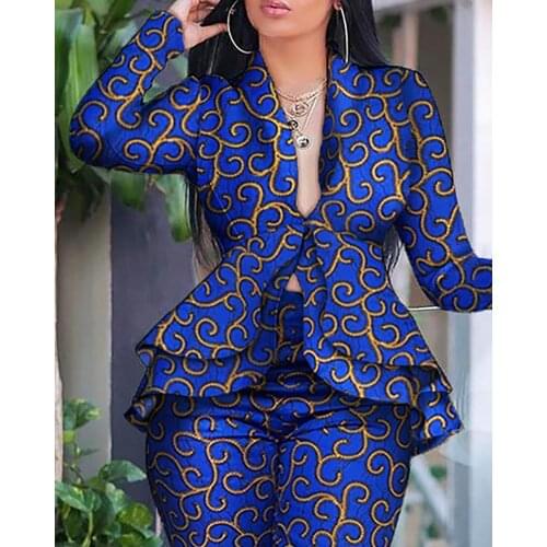 Two Piece Set Women Long Sleeve Solid Ruffles Design Top & Skinny Pencil Pant Sets