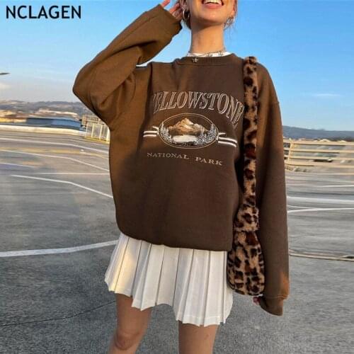 NCLAGEN 2021 Autumn Fashion Print Long Sleeve Pullovers Harajuku Pattern Loose Casual Hoodies Women Vintage Brown Sweatshirts