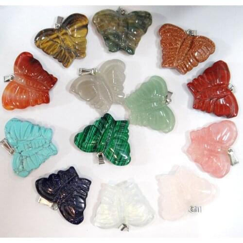 Wholesale High Quality large natural stone tiger eye Opal hand-carved butterfly pendants for jewelry making 12pcs/lot