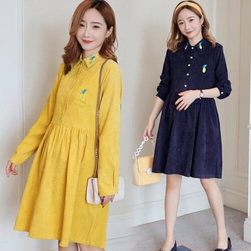 Autumn Warm Corduroy Maternity Dress Embroidered Pineapple Nursing Tops Maternity Clothes For Pregnant Women Pregnancy Dress Hot