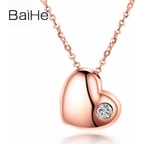 BAIHE Solid 18K Rose Gold 0.04ct Round Natural Diamond Wedding Gift Cute/Romantic Simple diamond heart pendant Necklaces