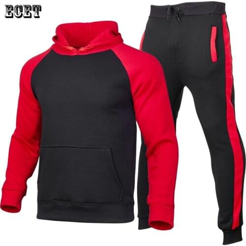 Casual solid color mens suit jogger streetwear fashion stitching mens pullover hoodie sports mens trousers