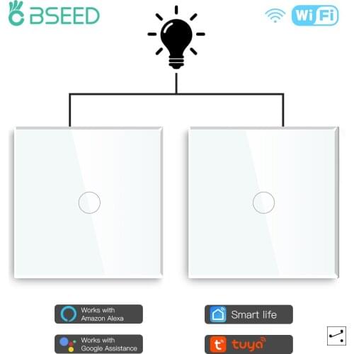 BSEED Touch WIFI Switch 1/2/3Gang 1/2/3Way Wall Light Switches 2Pack Wireless Smart Tuya Google Alexa Control Glass Touch Screen