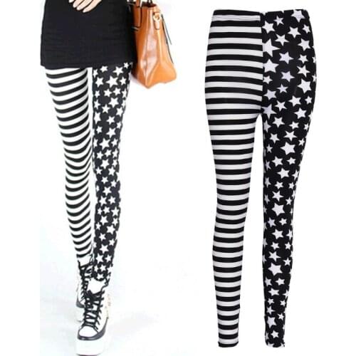 Women Stripe+Stars Tights Leggings Elastic Waist Stretch Pencil Pants Jeggings
