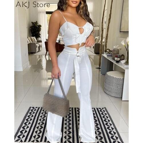 Women Sexy Ruffles Cutout Front Top &Flared Pants Set