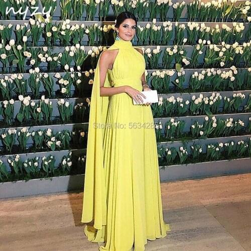 Elegant Cape Cloak Sleeves Chiffon Yellow Evening Dresses Long 2020 NYZY E2 Evening Gowns for Women Wedding Party