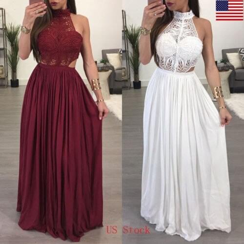 Women Summer Boho halter Lace sleeveless Casual Long Evening Party Beach Dress Sundress S to XL