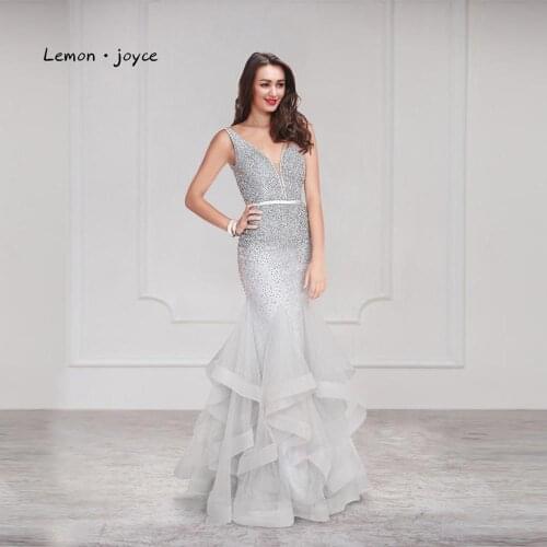 Lemon joyce Formal Gray Mermaid Evening Dresses Long 2020 Sexy V-neck Beading Backless Dresses Woman Party Night Plus Size