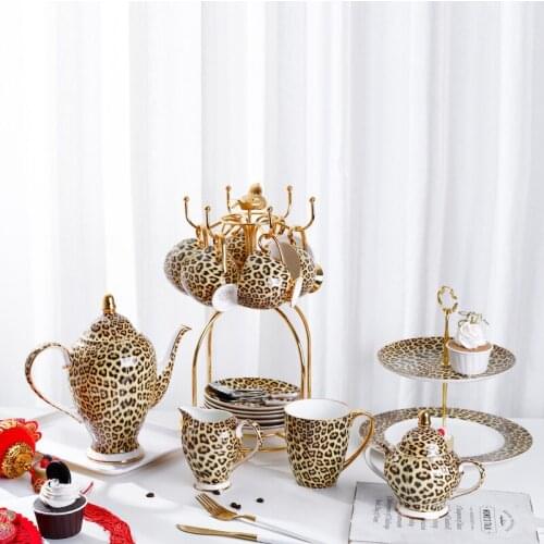 Leopard print gold coffee mug bone china cup and saucer set palace style afternoon tea coffee pot milk jug steak saucer CL81808