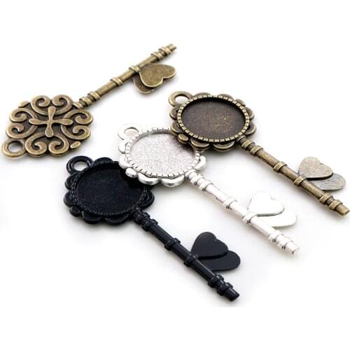 5pcs 20mm Inner Size Antique Silver Plated Bronze Black Flower Key Style Cabochon Base Setting Charms Pendant
