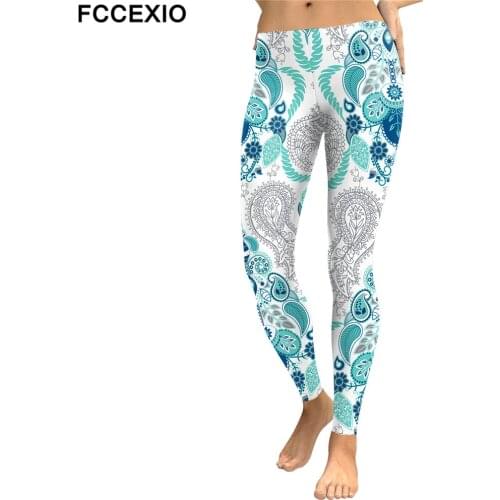 FCCEXIO Bohemian Floral Leaf Leggings Women Digital Print Plus Size Fitness Legging Workout Push Up Leggins Skinny Elastic Pant