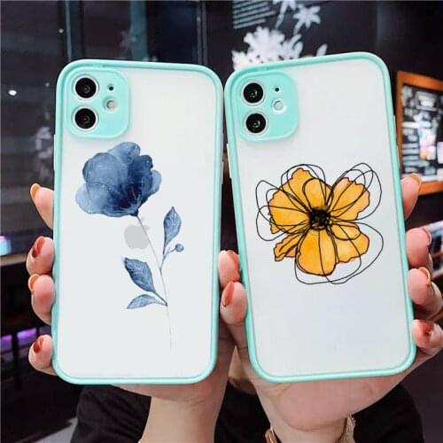 Watercolor flowers gold leaves Phone Case For iPhone 12 11 Mini Pro XR XS Max 7 8 Plus X Matte transparent blue Back Cover