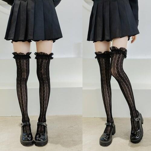 Black And White Lace Lolita High Tube Thigh Knee Socks Female Cute Long Tube Love Lace Japanese College Style Stocking