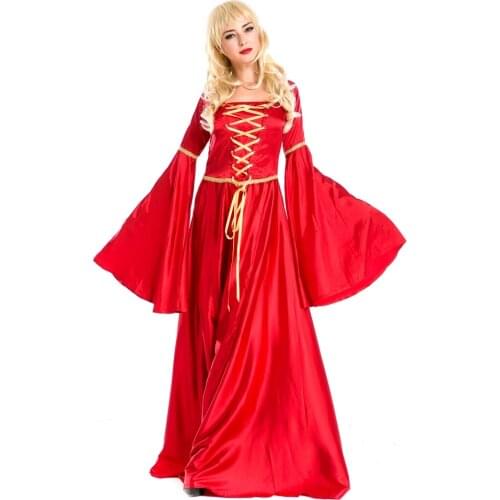 Adult woman long sleeve sexy lace up red satin princess dance costume dress M4723
