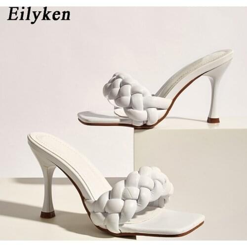 Eilyken New Weave Design Slippers Women Square Toe Thin High Heels Summer Party Shoes Slides Dress Sandals shoes size 35-43