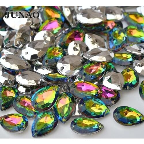 JUNAO 13*18mm Sewing Rainbow Drops Rhinestone Sewn Acrylic Crystal Stones Pointback Strass Diamond For Clothes Needlework Crafts