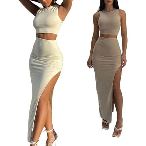 Summer Womens Suit Sexy Two-piece Clothes Casual Set Solid Color Round Collar Vest and Long Slit Skirt Taupe Beige