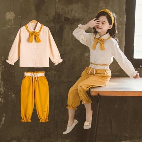 Fashion Children Autumn Casual Clothes Sets Teenager Girls Long Sleeve Bow shirt + long Pants 2PCS Girls Casual Costume