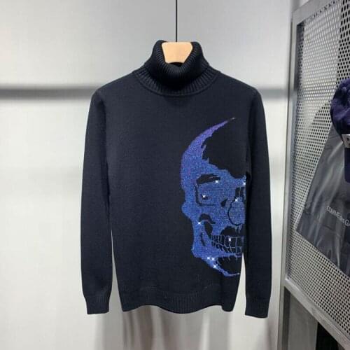 Gradient Shiny Skull Pattern Long-Sleeved Crown Pullover Mens Turtleneck Sweater 2 Color Hot Diamond Sweatshirt