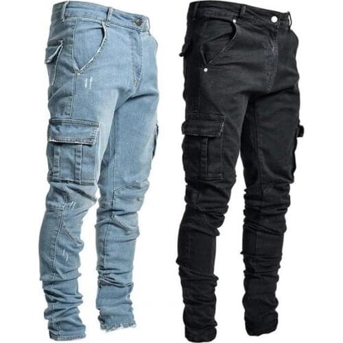 Male Denim Pants Casual Multi Pockets Solid Color Slim Fashion Men Jeans Mid Waist Stretchy Skinny Jeans Men Denim Trousers