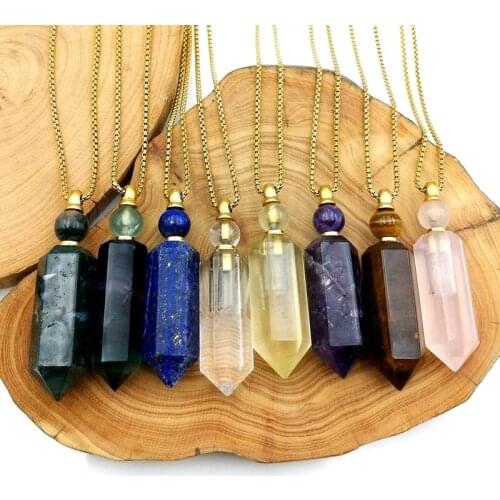 Natural Gems stone perfume bottle Pendant Genuine rose quartzs crystal amethysts diffuser Hexagon prism vial for Necklace