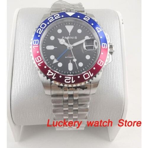 Parnis 40mm black dial blue GMT luminous marks blue and red Bezel sapphire glass automatic Mens Watch-PA84