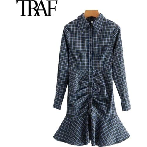 TRAF Women Chic Fashion With Buttons Pleated Check Mini Dress Vintage Long Sleeve Back Zipper Female Dresses Vestidos