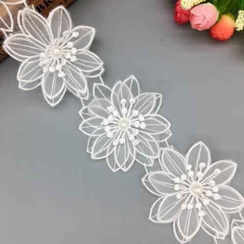 1 yard Soluble Flower Beaded Pearl Lace Trim Embroidered Ribbon Fabric Applique Trimmings Sewing Craft Wedding Dress Decoration