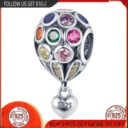 100% 925 Sterling Silver Colorful Balloons Hanging Love Hearts For Original Bracelet&Bangle Making Fashion DIY Jewelry For Women