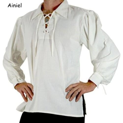 Men Medieval Renaissance Viking Bandage Stand Collar Shirt Top Black White Blouse Loose Casual Long Sleeve Male Casual Shirts