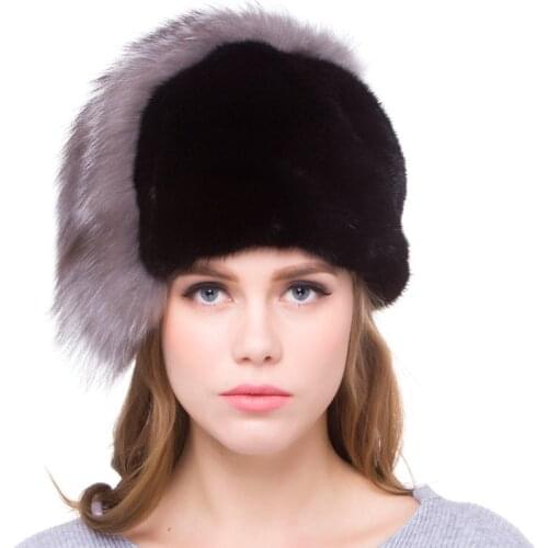Natural mink fur hat ladies winter striped woven hat fox fur tail design warm ear protection Russia hot style