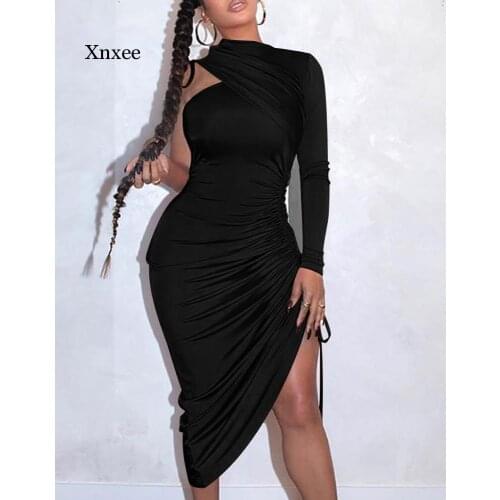 Sexy One Shoulder Drawstring Ruched Bodycon Dress Women Solid Long Sleeve Mid-Calf Night Club Party Dress