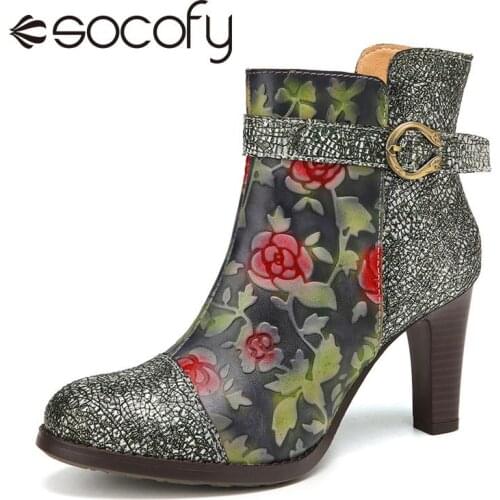SOCOFY Womens Shoes Vintage Floral Embossed Cowhide Leather Elegant Heeled Ankle Boots Exquisite Pattern Design Short Boots