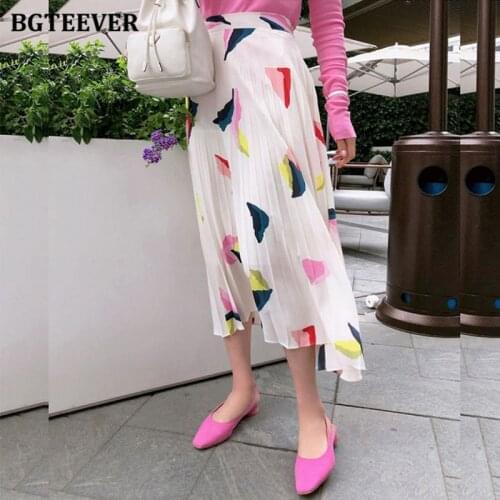 BGTEEVER Elegant Elastic Waist Midi Skirts for Women 2020 Summer Casual Printed Pleated Skirts Female Streetwear Ladies Bottoms