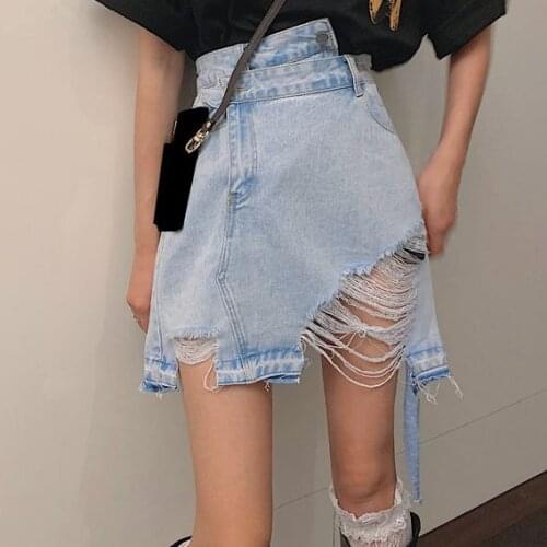 Split denim skirt bag hip summer hot girl ins hole irregular A-line skirt pleated mini jean mini skirt plus size jean skirts