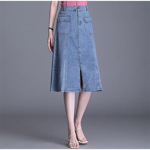 Womens Denim Midi Skirts 2021 Spring & Summer New Korean Denim Skirt Female High Waist Split Mid-length A-line Skirt BSQ438