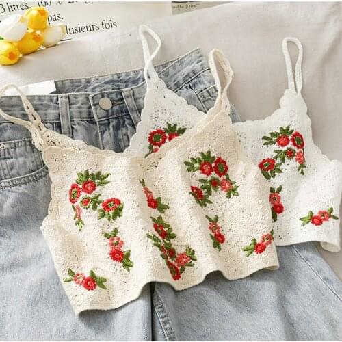 Femotwin Women Knitted Crop Tank Top Ladies Floral Embroidery Short Sweater Vintage Bohemia Loose Sweet Cute Tank Top Girl 2021