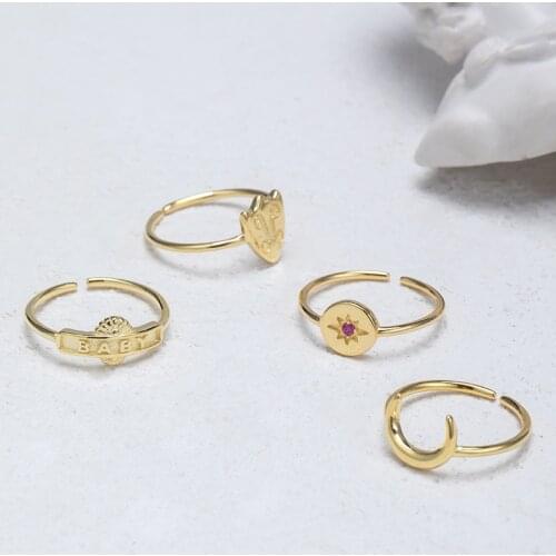 Silvology 925 Sterling Silver Shield Baby Moon Star Rings Gold Creative Elegant Fashionable Rings for Women Cute Office Jewelry