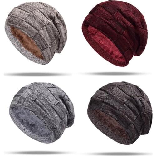 Winter Skull Hat Square Pure Colors Thick Warm Wool Knit Cap for Man Ski Snow Fleece Baggy Beanies