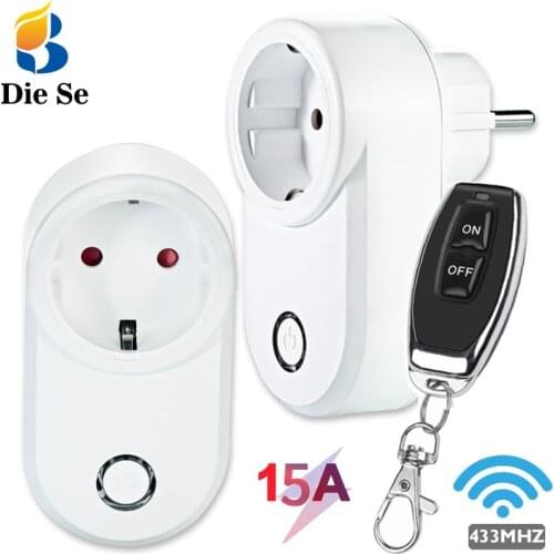 433MHz RF Universal Remote Electric Socket with Remote Control 220V 15A EU Plug Control for Home Appliance/Lamp/Fan/Lighting