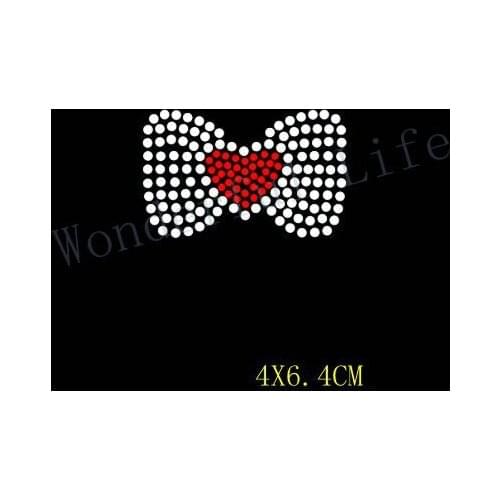 Free Shipping Butterfly Knot small style with a red heart Rhinestone Hotfix Iron on Transfer Motif Appliqué