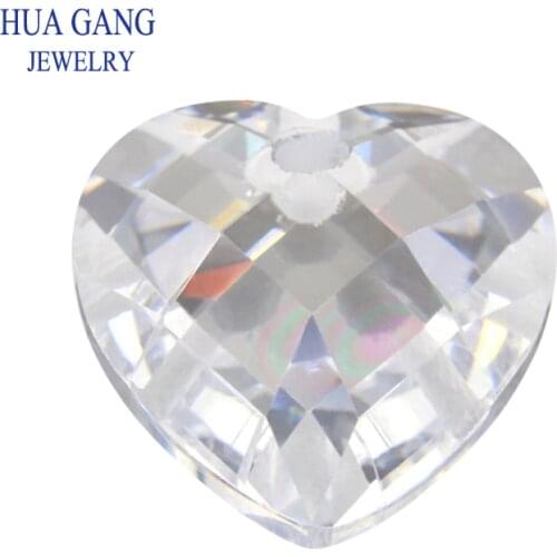 Single Hole White Heart Shape Cubic Zirconia Double Checkboard Loose CZ Stone Synthetic Gems Beads For Jewelry 4x4-10x10mm