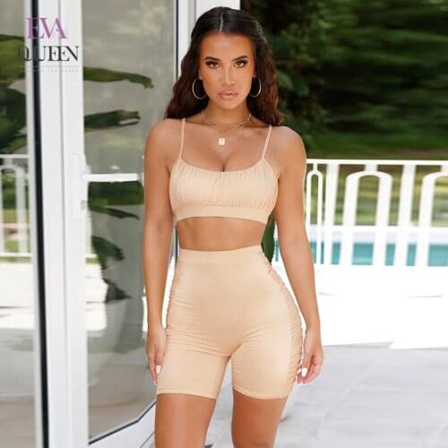 EvaQueen Solid High Waist 2 Piece Sets For Women Tight Spaghetti Strap Ensemble Femme Backless Soft Ruched Sexy Autumn Pant Sets